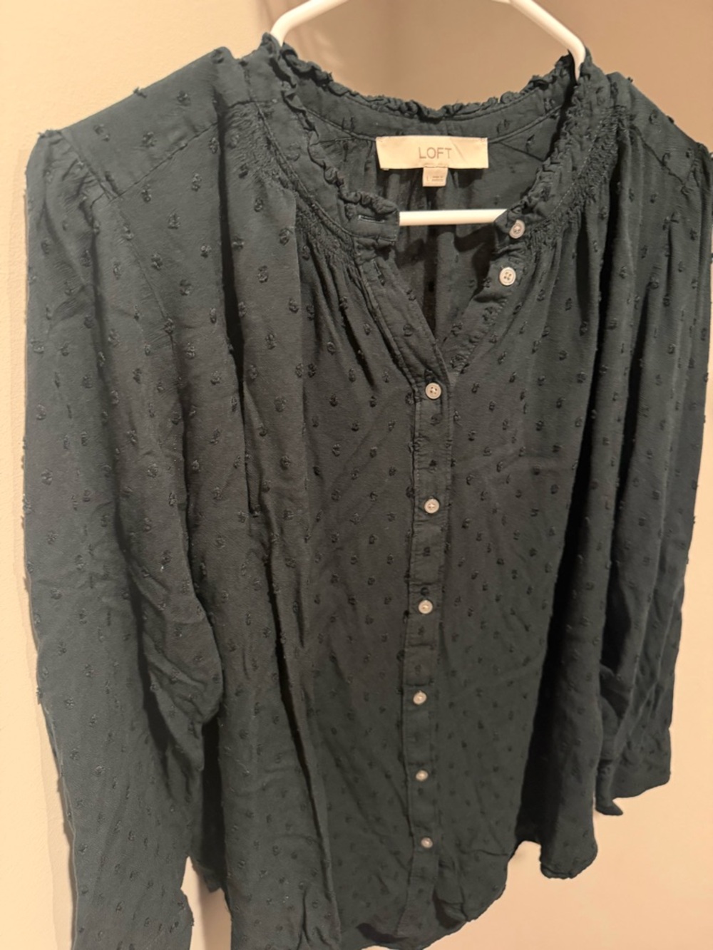 LOFT Dark Teal Textured Button-Up Blouse